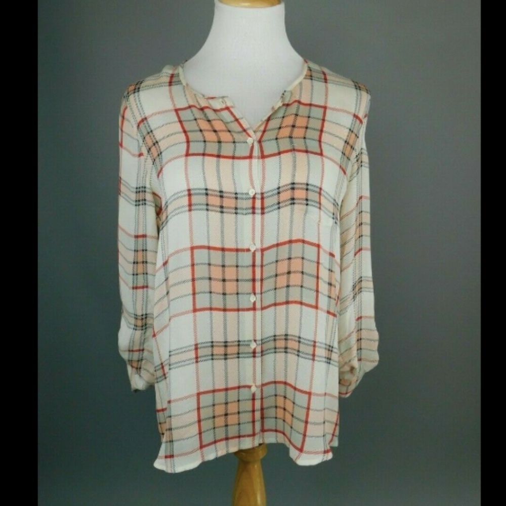 Joie Katriel Silk Pink Plaid Blouse Roll Tab